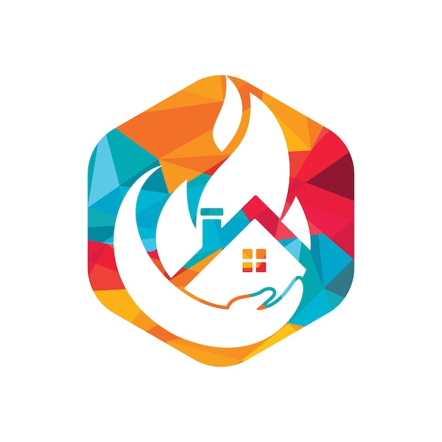 Concepto de logotipo de vector de seguro de hogar Mano con diseño de logotipo de icono de fuego y hogar