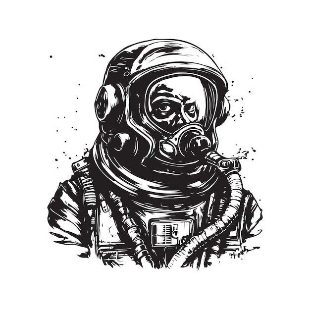 Concepto de logotipo vintage de astronauta apocalíptico color blanco y negro ilustración dibujada a mano