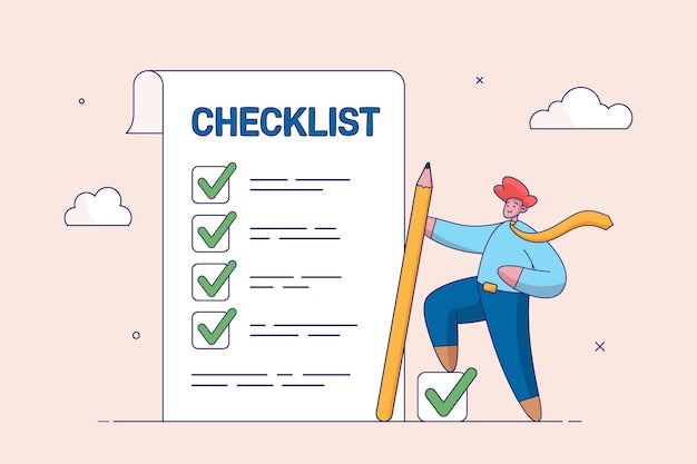 Concepto de logro Lista de verificación para la estrategia comercial del plan de revisión de finalización del trabajo