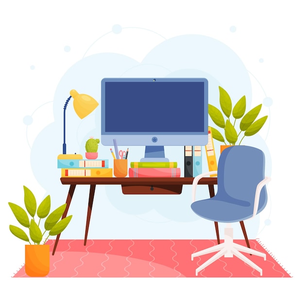 Concepto de lugar de trabajo de oficina en casa Escritorio de pantalla ancha en la mesa Ilustración vectorial