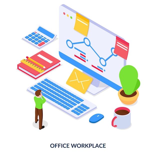 Concepto de lugar de trabajo de oficina Ilustración vectorial isométrica sobre fondo blanco