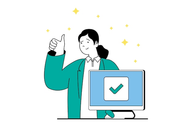 Concepto de lugar de trabajo de productividad con escena de personas en diseño web plano Mujer completando tareas de trabajo en la computadora en la oficina con éxito Ilustración vectorial para material de marketing de banner en redes sociales