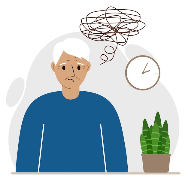 Vector concepto de malos pensamientos. un abuelo se siente deprimido con pensamientos después de eventos negativos, infelicidad, sufrimiento, tristeza, depresión. ilustración vectorial plana