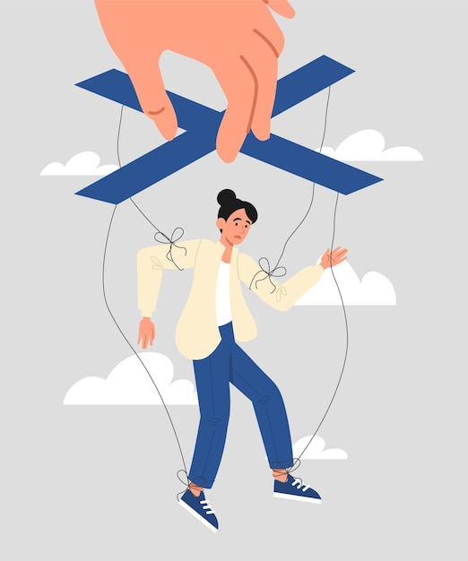 Concepto de manipulación Control de manos chica en cuerdas Uso y presión psicológica astucia y engaño Relación tóxica no saludable en pareja y dominación Ilustración de vector plano de dibujos animados