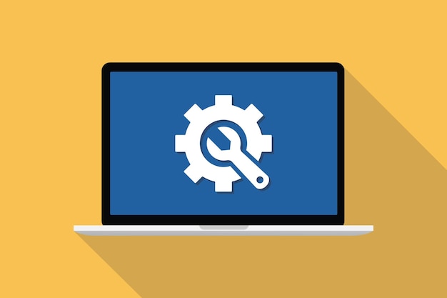 Concepto de mantenimiento y resolución de problemas del sistema con icono en la parte frontal de la computadora portátil con estilo plano de sombra larga