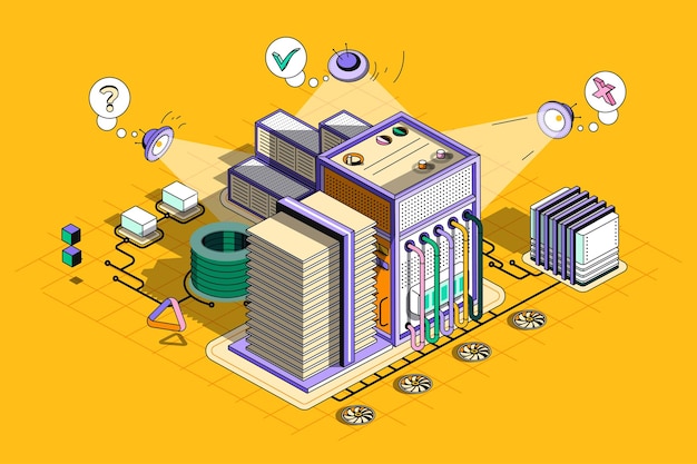 Concepto de mantenimiento del servidor diseño web de esquema isométrico 3d soporte técnico hardware informático