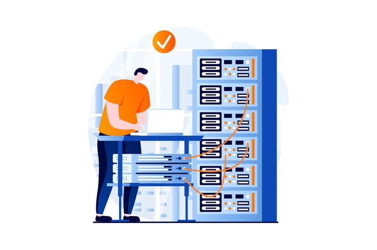 Vector concepto de mantenimiento del servidor con escena de personas en diseño de dibujos animados planos hombre que trabaja en la computadora portátil en la sala de hardware del rack del servidor que supervisa y administra el equipo historia visual de ilustración vectorial para web