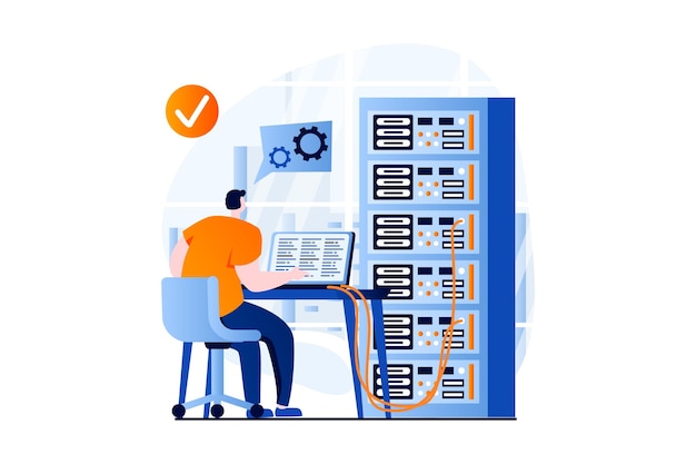 Concepto de mantenimiento del servidor con escena de personas en diseño de dibujos animados planos Hombre trabajando en una computadora portátil en la configuración de la sala de hardware del rack del servidor y conexión de optimización Ilustración vectorial historia visual para web