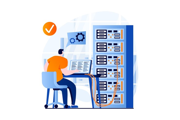 Vector concepto de mantenimiento del servidor con escena de personas en diseño de dibujos animados planos hombre trabajando en una computadora portátil en la configuración de la sala de hardware del rack del servidor y conexión de optimización ilustración vectorial historia visual para web