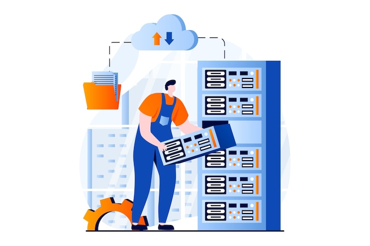 Vector concepto de mantenimiento del servidor con escena de personas en diseño plano de dibujos animados hombre ingeniero que trabaja en la sala de hardware del rack del servidor que arregla el equipo de reparación y soporte ilustración vectorial historia visual para la web