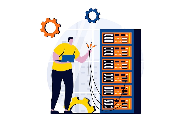 Vector concepto de mantenimiento del servidor con escena de personas en diseño plano de dibujos animados hombre técnico sosteniendo cables y trabajando en la conexión de fijación de la sala de hardware del rack del servidor ilustración vectorial historia visual para web
