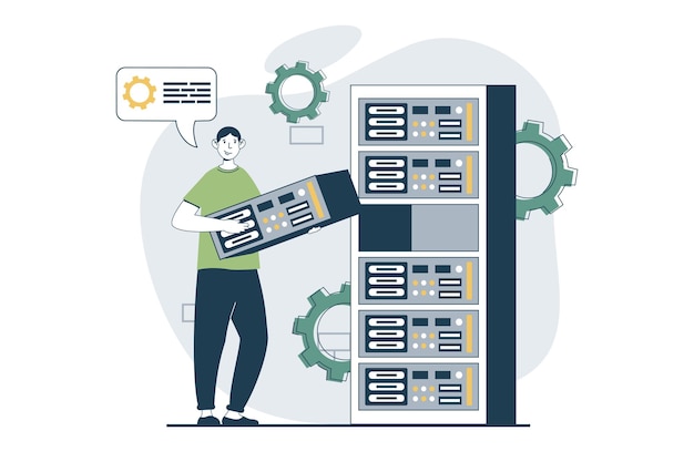 Vector concepto de mantenimiento de servidor con escena de personas en diseño plano para web hombre de resolución de problemas y reparación de equipos en la sala de rack de hardware ilustración vectorial para material de marketing de banner de redes sociales