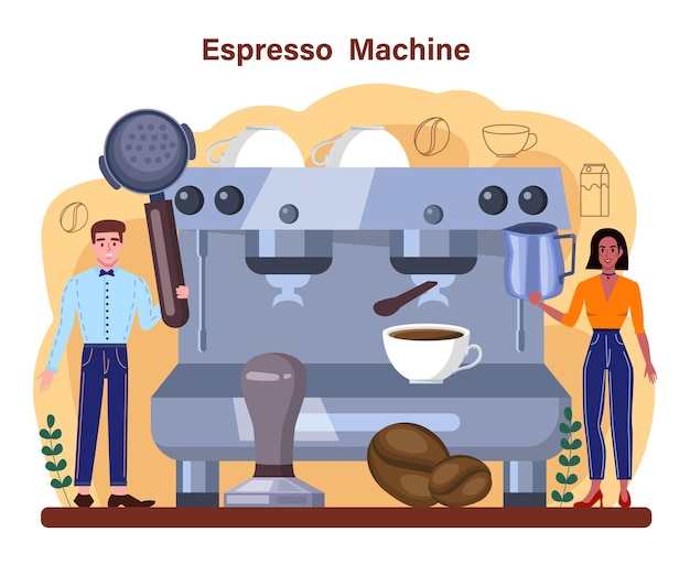 Concepto de máquina de café barista haciendo una taza de café caliente