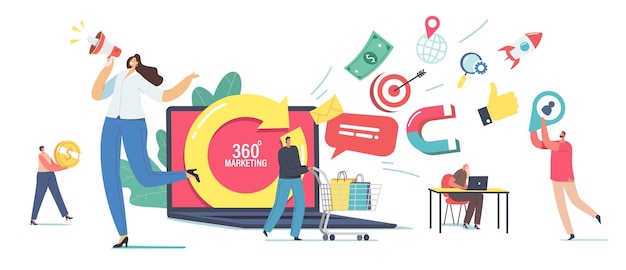 Concepto de marketing de 360 grados. Pequeños personajes masculinos y femeninos en una enorme computadora portátil con flecha giratoria. Manager Attract Clients usa Advertising Yell to Megaphone, People Shopping. Ilustración vectorial de dibujos animados
