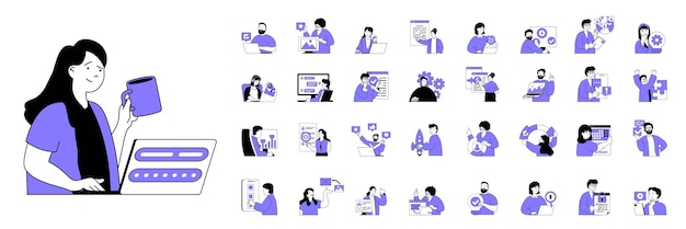 Concepto de marketing y desarrollo con personas situaciones mega establecidas en diseño web plano escenas de paquete de publicidad de promoción en línea ilustraciones vectoriales para material de marketing de banner de redes sociales