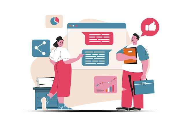 Concepto de marketing digital aislado. Publicidad y promoción online, comunicación. Escena de personas en diseño plano de dibujos animados. Ilustración vectorial para blogs, sitios web, aplicaciones móviles, materiales promocionales.