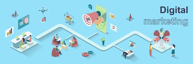 Concepto de marketing digital Banner web isométrico 3d Personas que realizan estudios de mercado analizan datos