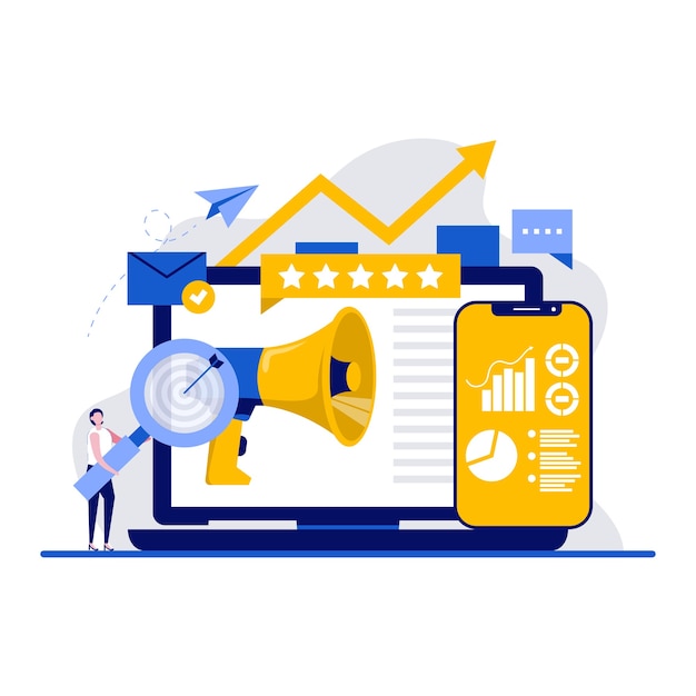 Concepto de marketing digital con carácter diminuto. Plano de comunicación de redes sociales y medios. Ranking SEO, metáfora de análisis de crecimiento. Se puede utilizar para banner web o idea de página de destino.