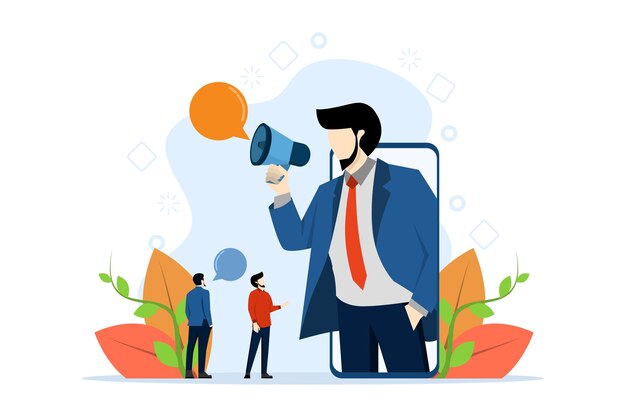 Concepto de marketing digital con equipo de marketing de exhibición que promueve el lanzamiento del producto