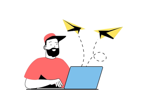 Concepto de marketing digital con escena de personas en diseño web plano El hombre hace campañas promocionales de correo y publicidad para atraer clientes Ilustración vectorial para material de marketing de banners en redes sociales