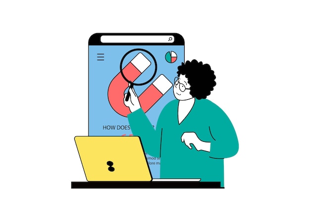 Concepto de marketing digital con escena de personas en diseño web plano Mujer buscando tendencias para publicidad usando imán para atraer al cliente Ilustración vectorial para material de marketing de banners en redes sociales