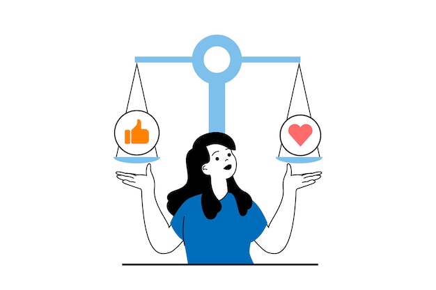 Concepto de marketing digital con escena de personas en diseño web plano Mujer promocionando negocios y compara los gustos y corazones de los seguidores Ilustración vectorial para material de marketing de banners en redes sociales