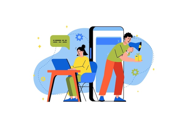 Concepto de marketing digital con escena de personas en el estilo de dibujos animados planos Dos vendedores anuncian diferentes bienes y servicios en la red social Ilustración vectorial