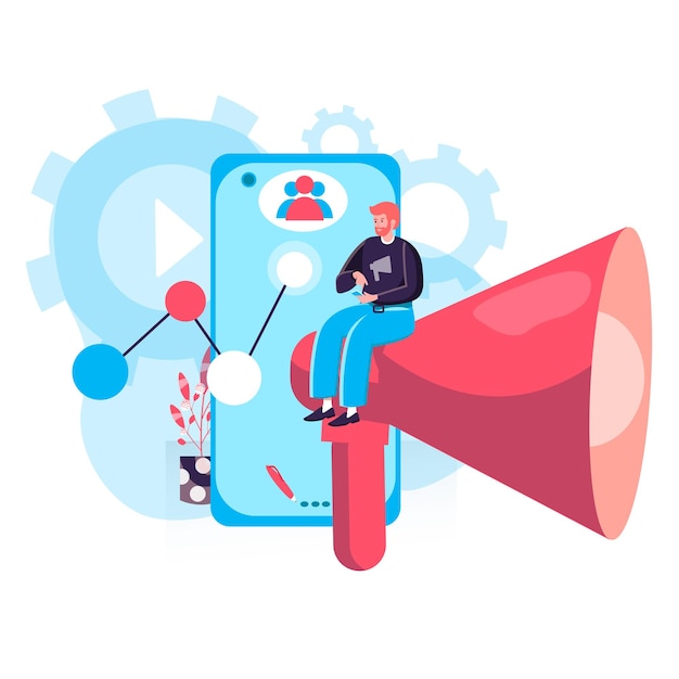 Concepto de marketing digital. Marketer realizando una campaña publicitaria, promociona en redes sociales, capta nuevos clientes en la escena del personaje. Ilustración de vector de diseño plano con actividades de personas