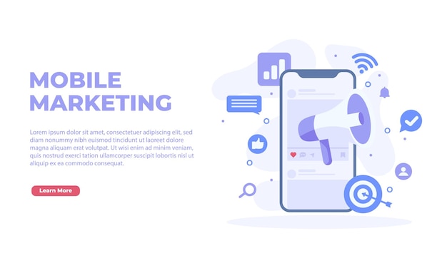 Concepto de marketing digital y marketing móvil Estrategia de marketing en redes sociales y plantilla de página de destino de promoción comercial