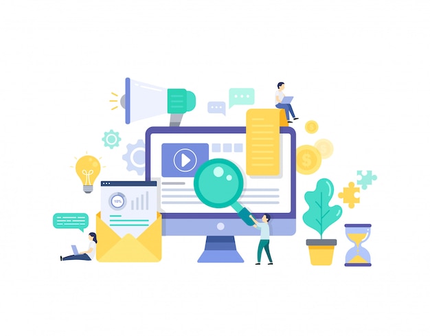 Concepto de marketing digital con personas pequeñas.