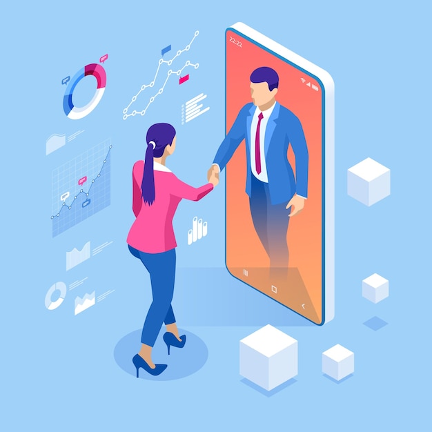 Concepto de marketing empresarial de solución B2B de marketing de empresa a empresa isométrica Asociación y acuerdo de negocios en línea