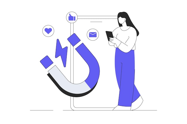 Concepto de marketing de entrada Mujer atrayendo clientes nuevos clientes con un imán enorme Vector de dibujos animados plano