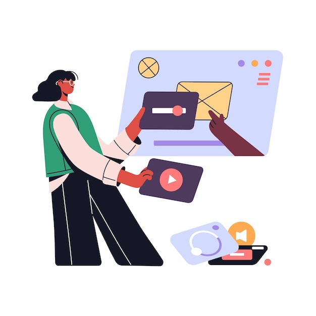 Concepto de marketing en Internet de educación en línea Creación de contenido digital para el sitio de la plataforma virtual Mujer creativa editora diseñadora creadora Ilustración vectorial plana aislada en fondo blanco
