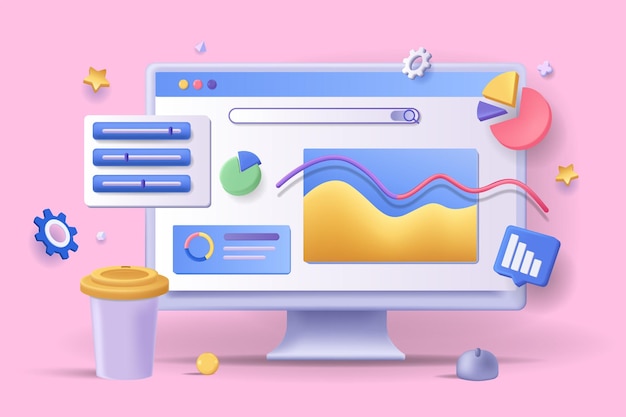 Concepto de marketing en línea Ilustración 3D Composición de iconos con estadísticas y análisis de datos en la pantalla de la computadora Desarrollo de estrategia de promoción de éxito Ilustración vectorial para diseño web moderno