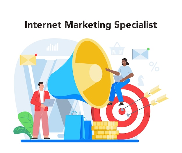 Concepto de marketing Publicidad y promoción Estrategia de marketing y comunicación con un cliente Ilustración de vector plano aislado