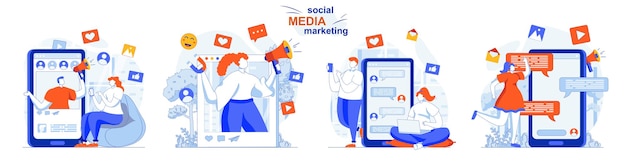 Concepto de marketing en redes sociales establece contenido publicitario de estrategia de promoción