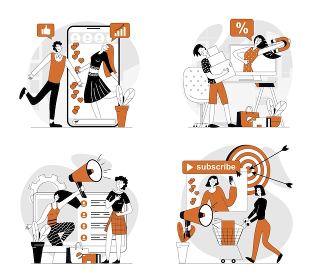Concepto de marketing de redes sociales establecido en diseño plano para la web Colección con personas que hacen publicidad en línea con influencers para dirigirse a la audiencia clientes que hacen compras Ilustraciones vectoriales