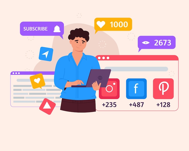 Vector concepto de marketing en redes sociales con hombre con computadora portátil e íconos de smm