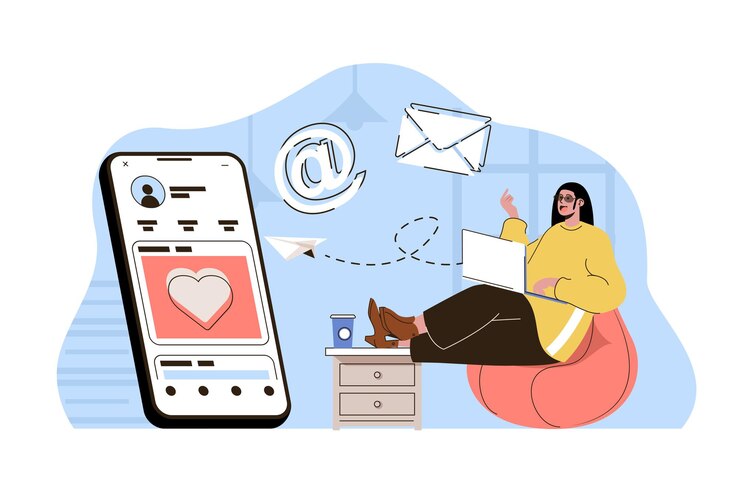 Vector concepto de marketing en redes sociales mujer haciendo correo promocional