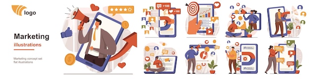 Concepto de marketing situaciones de persona aislada Colección de escenas con personas atraer nuevos clientes