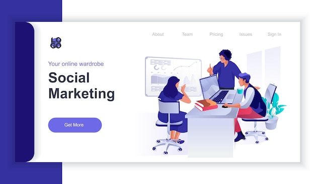 Vector concepto de marketing social d banner web isométrico con el equipo de escena de personas investiga el mercado