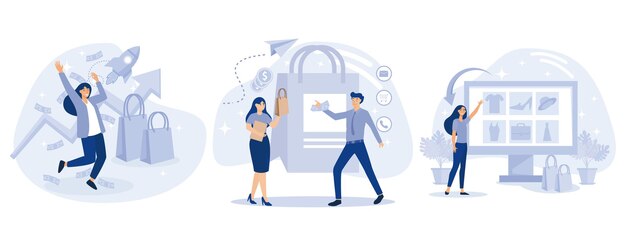Concepto de marketing y ventas Upselling y clienting webrooming e investigación de bienes digitales