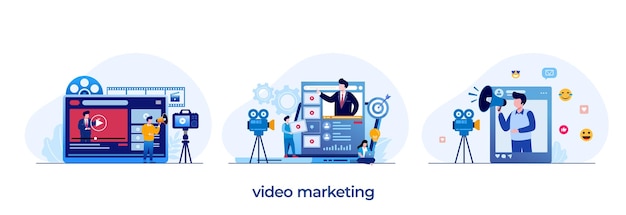 Concepto de marketing de video estrategia de marketing promoción de noticias de negocios curso de promoción aprobación vector de ilustración plana