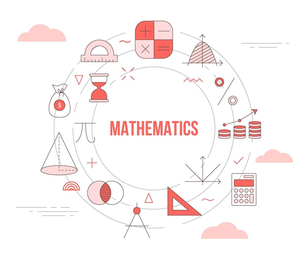 Concepto de matemáticas con banner de plantilla de conjunto de iconos con estilo de color naranja moderno e ilustración de forma redonda de círculo