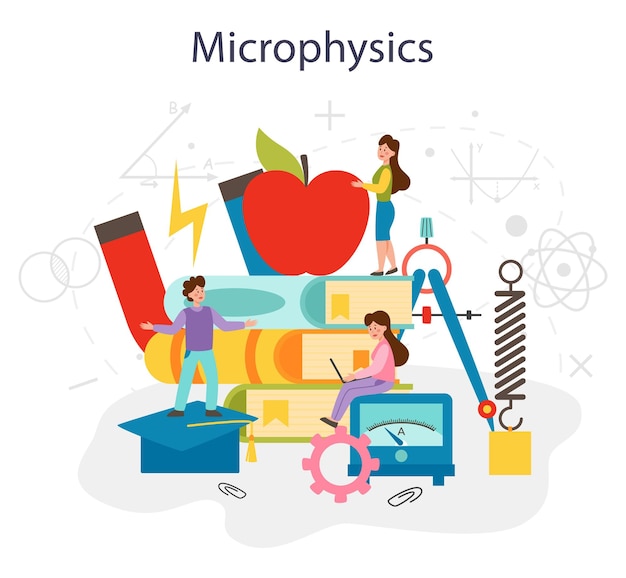 Concepto de materia de la escuela de física científico explorar electricidad magnetismo onda de luz y fuerzas estudio teórico y práctico lección de física y experimento ilustración de vector aislado