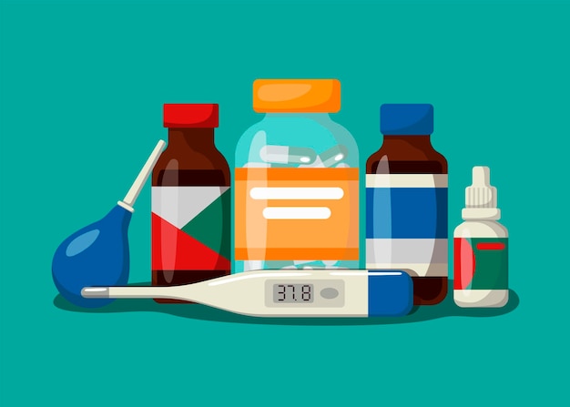 concepto con medicamentos sobre un fondo azul. estilo de dibujos animados