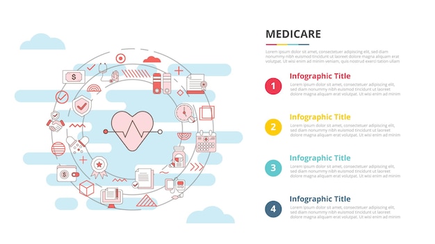 Concepto de Medicare para banner de plantilla de infografía con información de lista de cuatro puntos