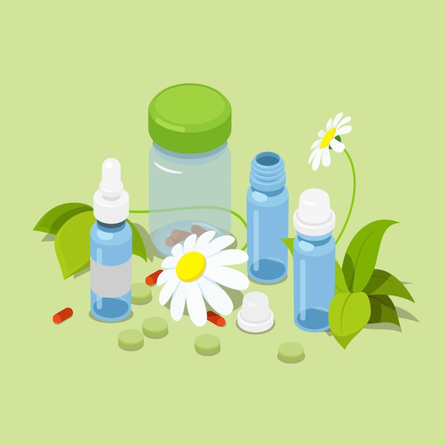 Concepto de medicina alternativa de curación herbal isométrica plana