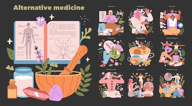 Concepto de medicina alternativa diversas prácticas de salud holísticas, incluida la acupuntura a base de hierbas y el yoga