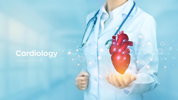 Concepto de medicina de cardiología Diagnóstico y tratamiento de enfermedades cardíacas infarto de miocardio Doctor sosteniendo en la mano órgano abstracto del corazón humano Cuidado de la salud Tecnología médica Ilustración vectorial